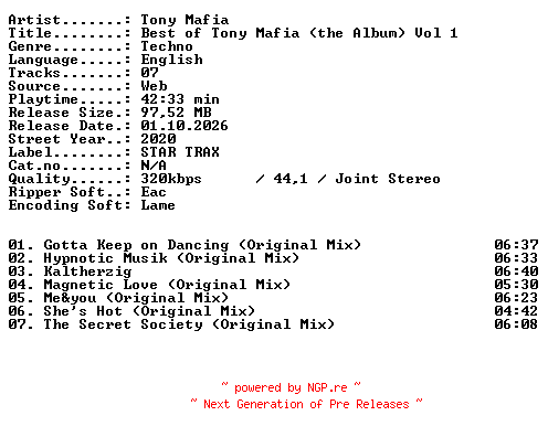 NFO for the release Tony_Mafia-Best_of_Tony_Mafia_(THE_ALBUM)_VOL_1-WEB-2020-XTC_iNT by XTC_iNT