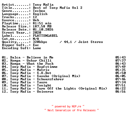 NFO for the release Tony_Mafia-Best_of_Tony_Mafia_Vol_2-WEB-2020-XTC_iNT by XTC_iNT