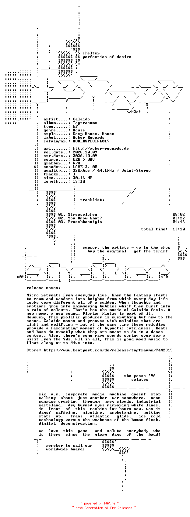 NFO for the release Calaido--Tagtraeume-(ACKERSPECIAL017)-WEB-2026-SHELTER by SHELTER