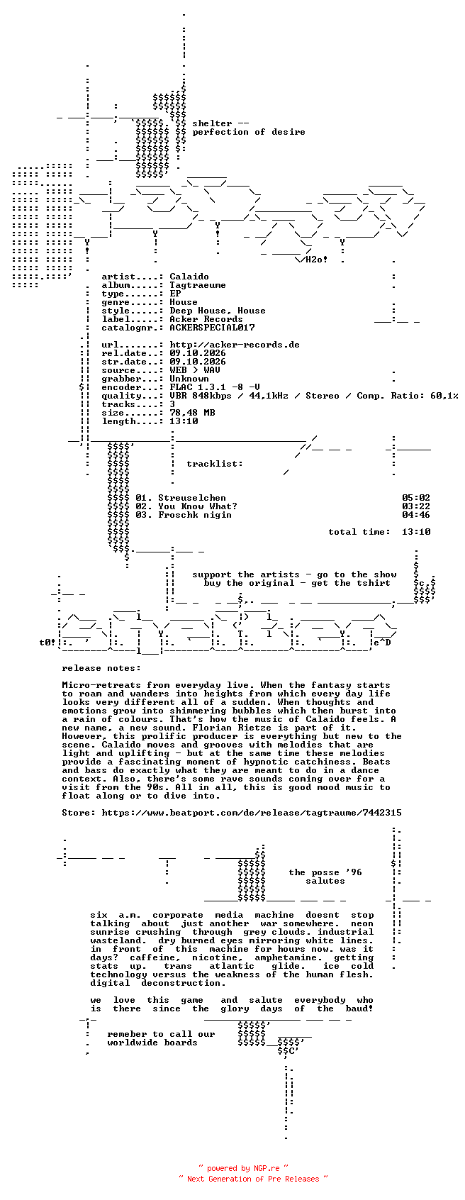 NFO for the release Calaido-Tagtraeume-(ACKERSPECIAL017)-16BIT-WEB-FLAC-2026-SHELTER by SHELTER
