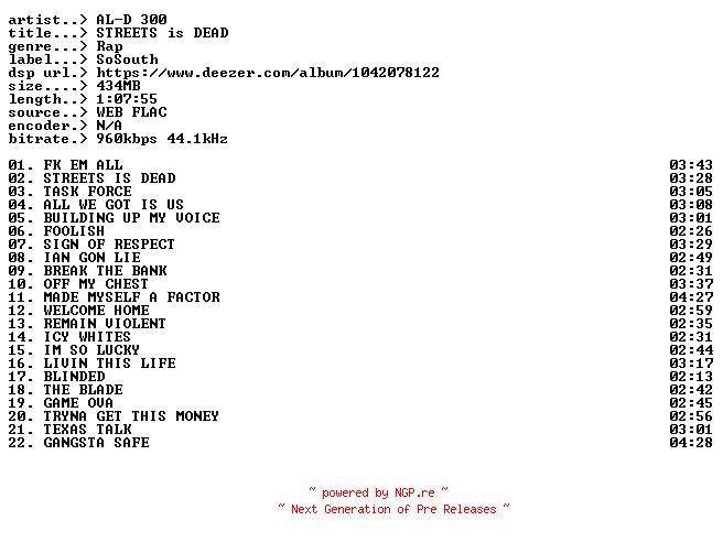 NFO for the release AL-D_300-STREETS_is_DEAD-16BIT-WEB-FLAC-2026-MEiDUNG by MEiDUNG