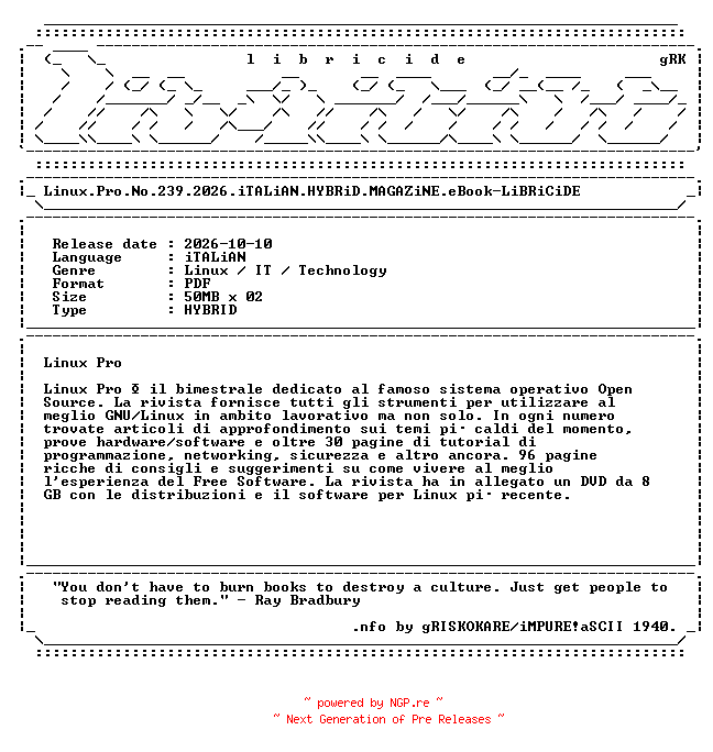 NFO for the release Linux.Pro.No.239.2026.iTALiAN.HYBRiD.MAGAZiNE.eBook-LiBRiCiDE by LiBRiCiDE
