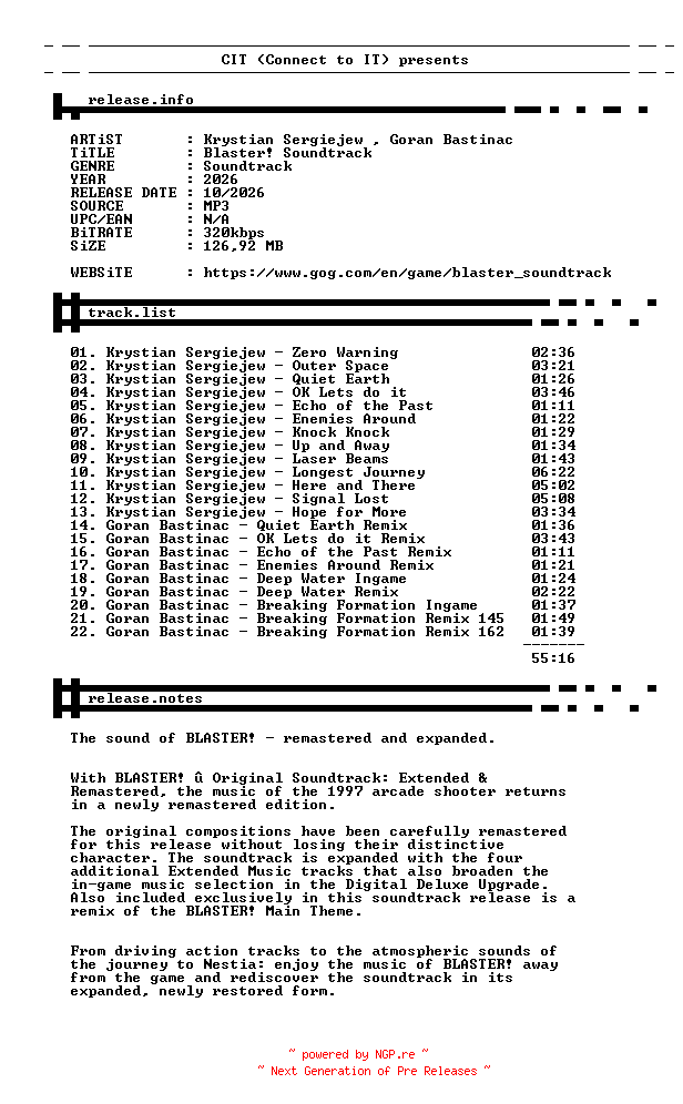 NFO for the release Krystian_Sergiejew_Goran_Bastinac-Blaster_Soundtrack-OST-WEB-2026-CIT by CIT