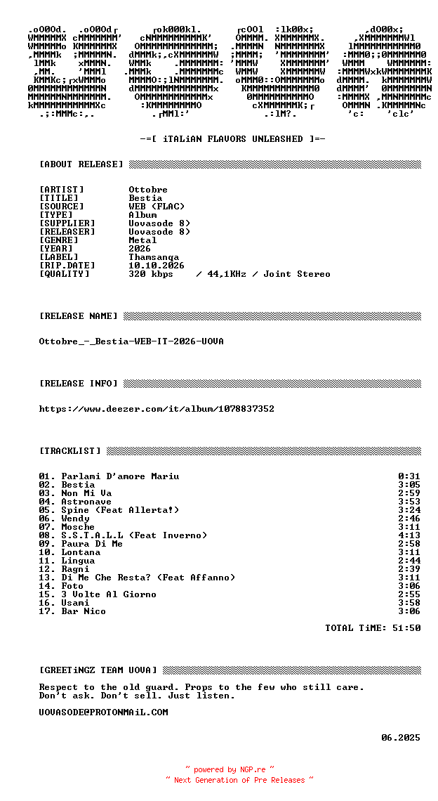 NFO for the release Ottobre_-_Bestia-WEB-IT-2026-UOVA by UOVA