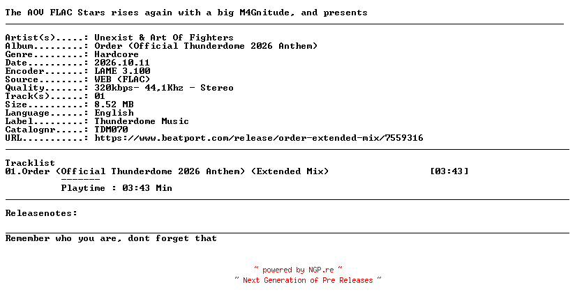 NFO for the release Unexist_And_Art_Of_Fighters-Order_(Official_Thunderdome_2026_Anthem)-(TDM070)-SINGLE-WEB-2026-AOV by AOV