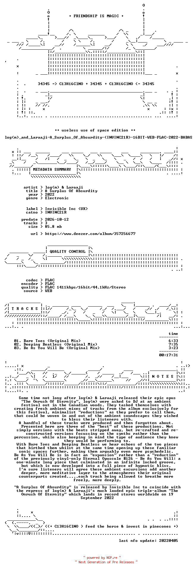 NFO for the release log(m)_and_Laraaji-A_Surplus_Of_Absurdity-(INVINC21R)-16BIT-WEB-FLAC-2022-BABAS by BABAS
