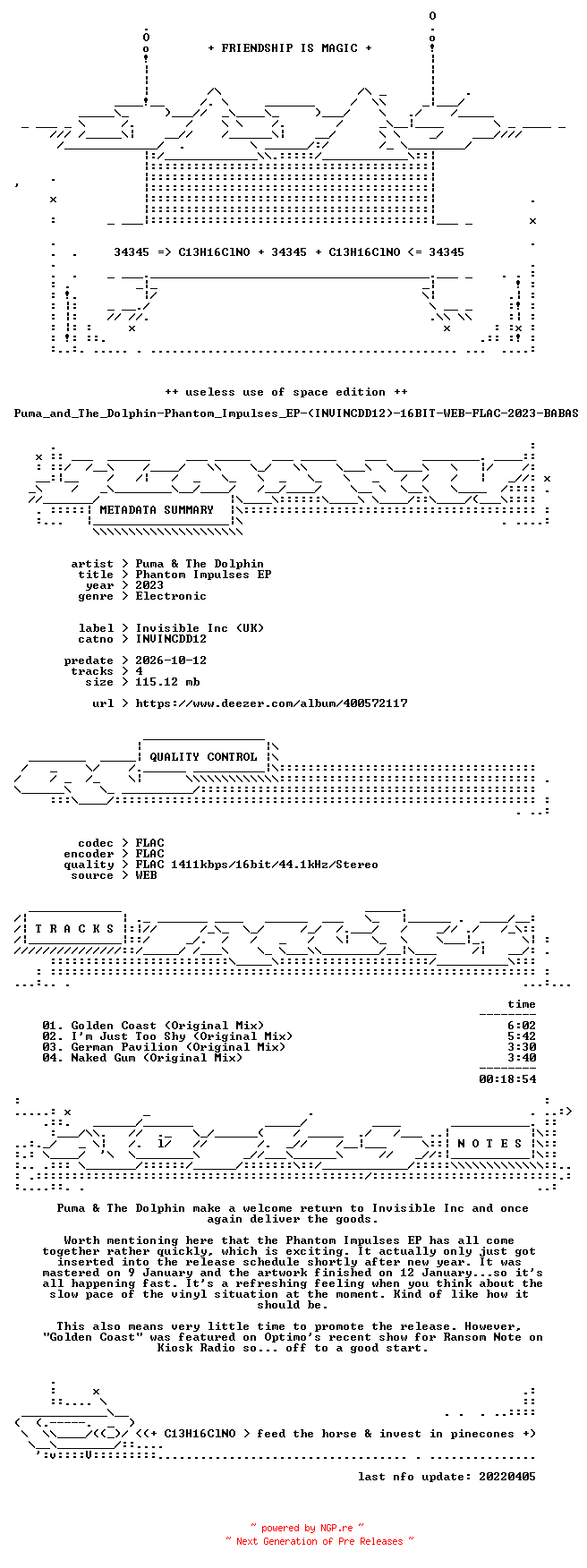 NFO for the release Puma_and_The_Dolphin-Phantom_Impulses_EP-(INVINCDD12)-16BIT-WEB-FLAC-2023-BABAS by BABAS