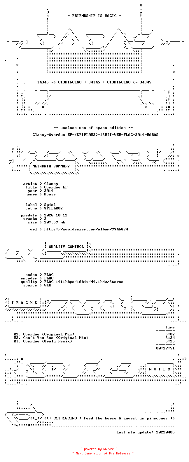 NFO for the release Clancy-Overdue_EP-(SPIEL002)-16BIT-WEB-FLAC-2014-BABAS by BABAS