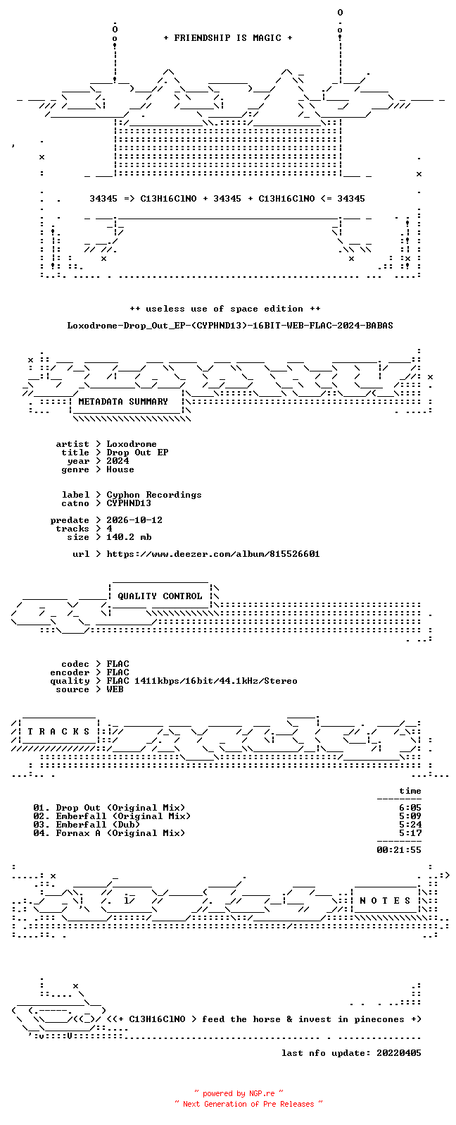 NFO for the release Loxodrome-Drop_Out_EP-(CYPHND13)-16BIT-WEB-FLAC-2024-BABAS by BABAS