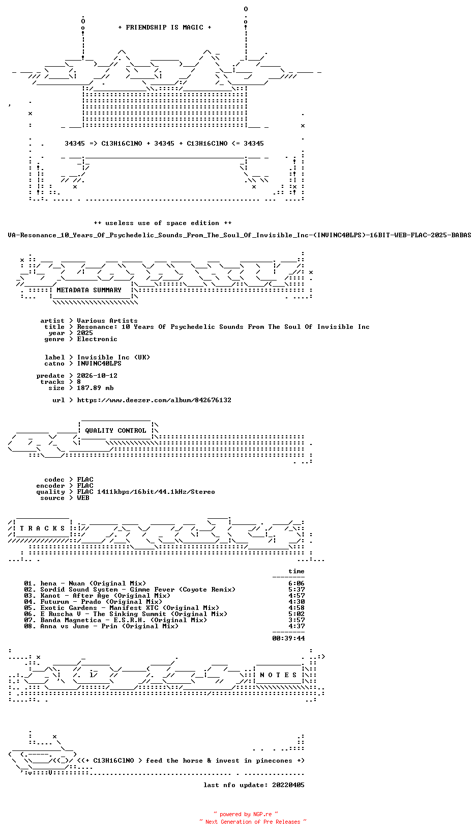 NFO for the release VA-Resonance_10_Years_Of_Psychedelic_Sounds_From_The_Soul_Of_Invisible_Inc-(INVINC40LPS)-16BIT-WEB-FLAC-2025-BABAS by BABAS