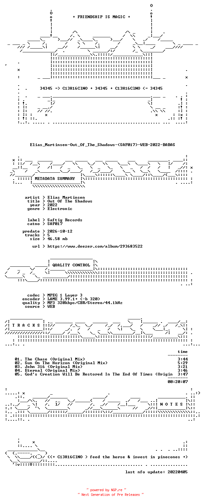 NFO for the release Elias_Martinsen-Out_Of_The_Shadows-(SAF017)-WEB-2022-BABAS by BABAS