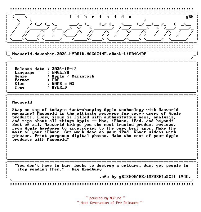 NFO for the release Macworld.November.2026.HYBRiD.MAGAZiNE.eBook-LiBRiCiDE by LiBRiCiDE