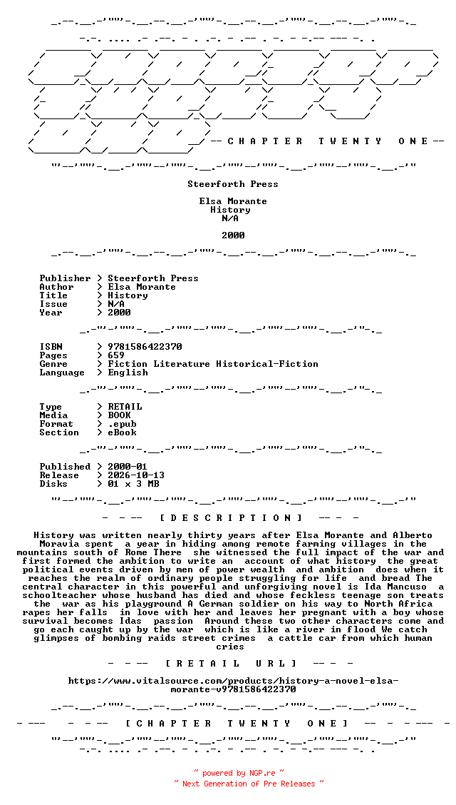 NFO for the release Elsa.Morante.-.History.2000.RETAIL.EPUB.eBook-CTO by CTO