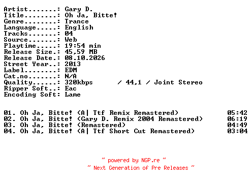 NFO for the release Gary_D-Oh_Ja_Bitte-WEB-2013-XTC_iNT by XTC_iNT