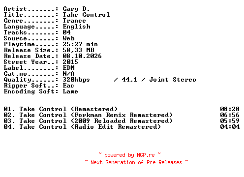NFO for the release Gary_D-Take_Control-WEB-2015-XTC_iNT by XTC_iNT