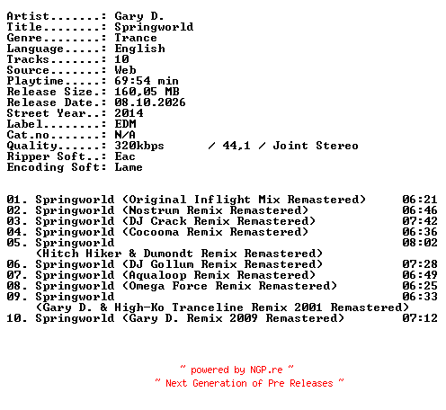 NFO for the release Gary_D-Springworld-WEB-2014-XTC_iNT by XTC_iNT