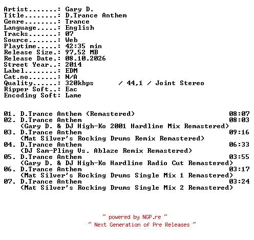 NFO for the release Gary_D-Dtrance_Anthem-WEB-2014-XTC_iNT by XTC_iNT
