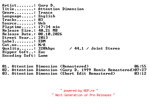 NFO for the release Gary_D-Attention_Dimension-WEB-2013-XTC_iNT by XTC_iNT