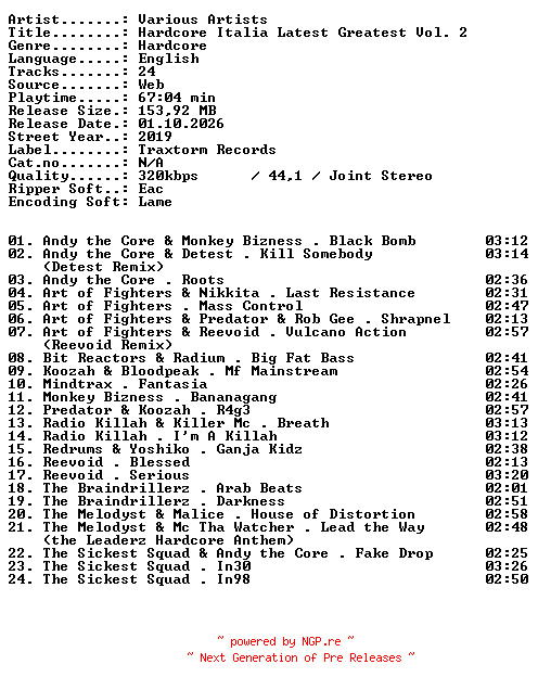 NFO for the release VA-Hardcore_Italia_Latest_Greatest_Vol_2-WEB-2019-XTC_iNT by XTC_iNT