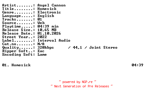 NFO for the release ANGEL_CANNON-Homesick-SINGLE-WEB-2022-XTC_iNT by XTC_iNT