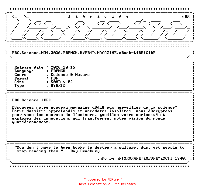 NFO for the release BBC.Science.N04.2026.FRENCH.HYBRiD.MAGAZiNE.eBook-LiBRiCiDE by LiBRiCiDE