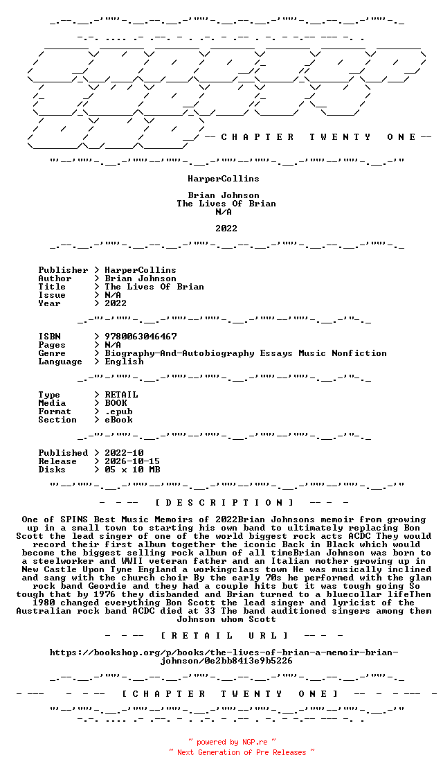 NFO for the release Brian.Johnson.-.The.Lives.Of.Brian.2022.RETAIL.EPUB.eBook-CTO by CTO
