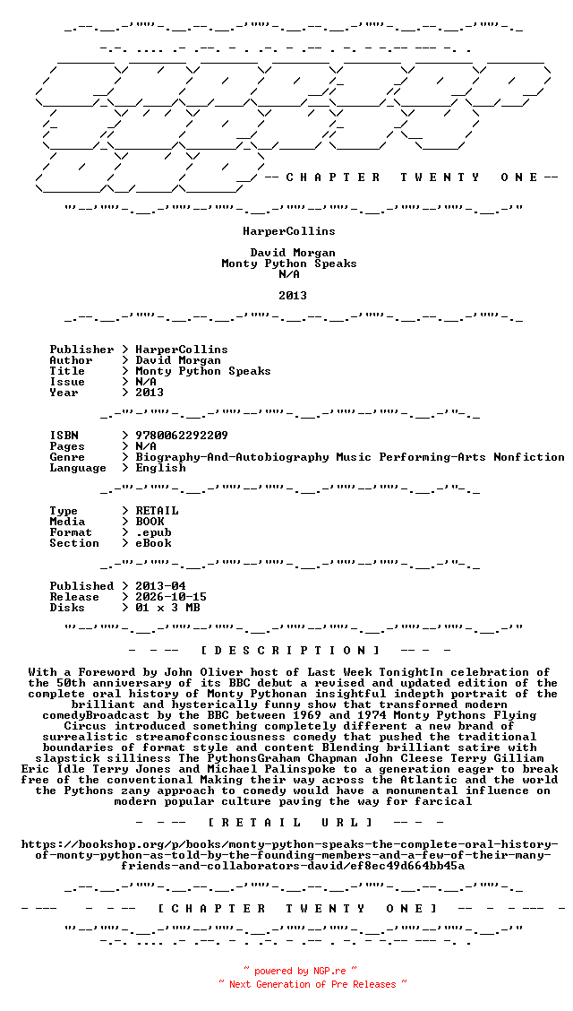 NFO for the release David.Morgan.-.Monty.Python.Speaks.2013.RETAIL.EPUB.eBook-CTO by CTO