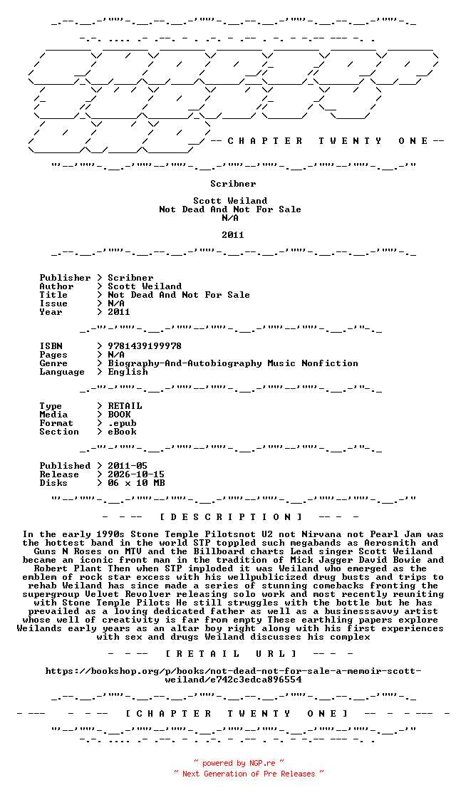 NFO for the release Scott.Weiland.-.Not.Dead.And.Not.For.Sale.2011.RETAIL.EPUB.eBook-CTO by CTO