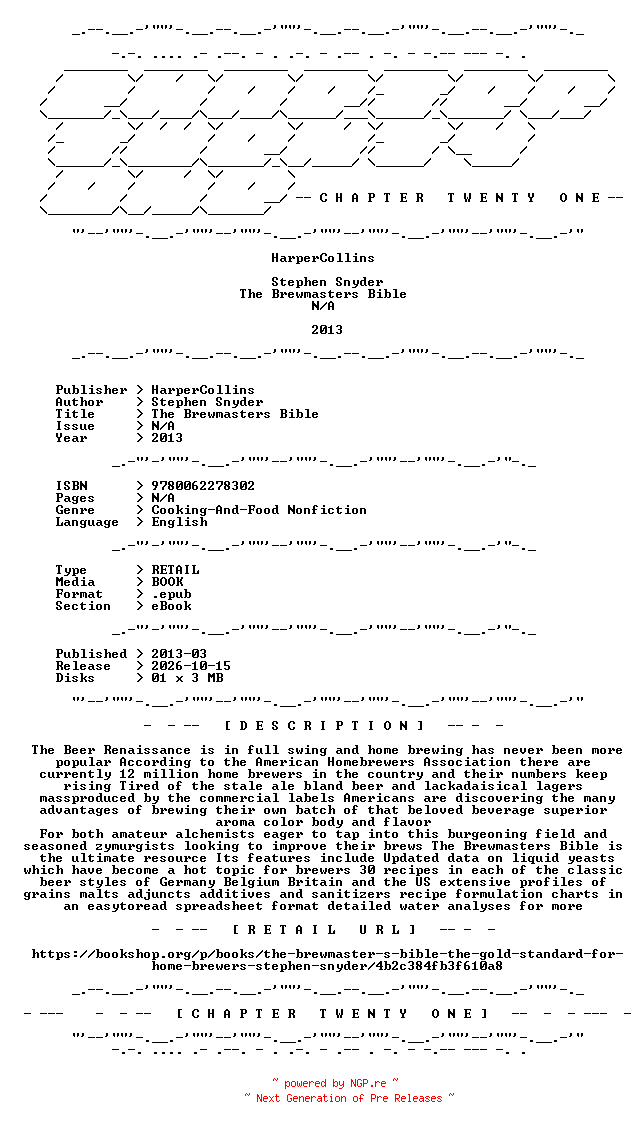 NFO for the release Stephen.Snyder.-.The.Brewmasters.Bible.2013.RETAIL.EPUB.eBook-CTO by CTO