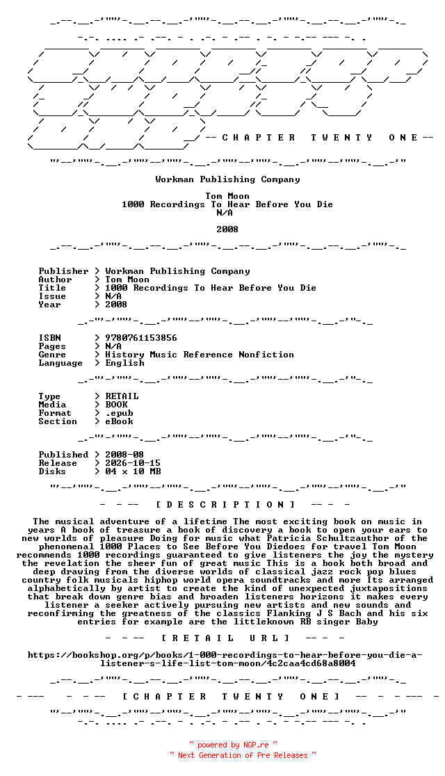 NFO for the release Tom.Moon.-.1000.Recordings.To.Hear.Before.You.Die.2008.RETAIL.EPUB.eBook-CTO by CTO