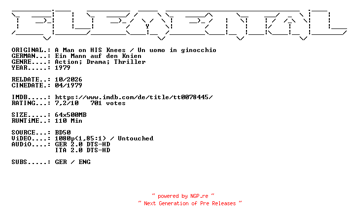 NFO for the release Ein.Mann.auf.den.Knien.1979.German.DL.1080p.BluRay.AVC-ELEMENTAL by ELEMENTAL