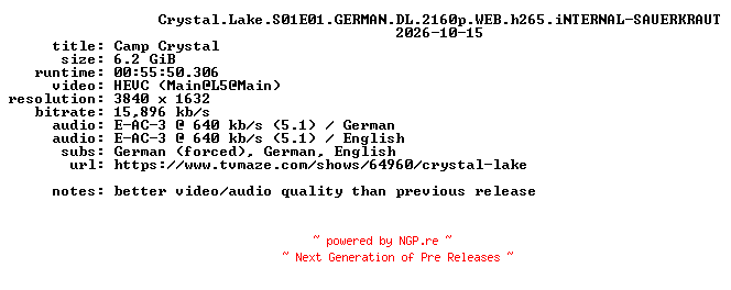 NFO for the release Crystal.Lake.S01E01.GERMAN.DL.2160p.WEB.h265.iNTERNAL-SAUERKRAUT by SAUERKRAUT