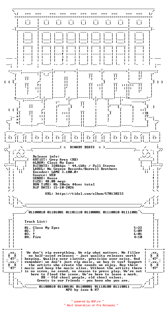 NFO for the release Grey_Area-Close_My_Eyes-(NG179D)-WEB-1993-BB by BB