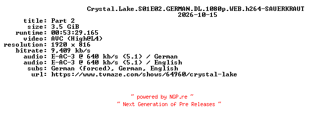 NFO for the release Crystal.Lake.S01E02.GERMAN.DL.1080p.WEB.h264-SAUERKRAUT by SAUERKRAUT