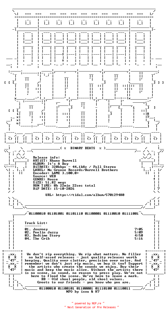 NFO for the release Rhano_Burrell-Its_A_Boy-(NG182D)-WEB-1993-BB by BB