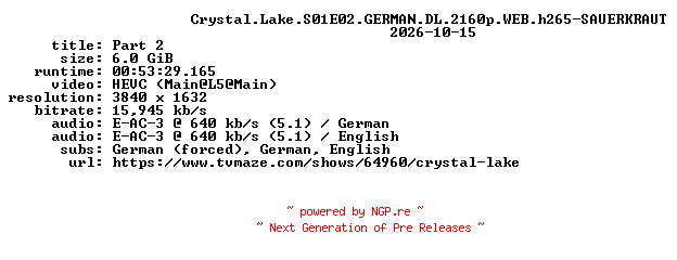 NFO for the release Crystal.Lake.S01E02.GERMAN.DL.2160p.WEB.h265-SAUERKRAUT by SAUERKRAUT