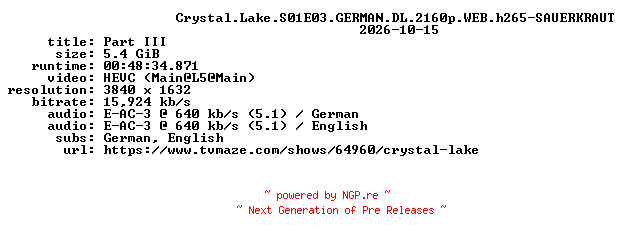 NFO for the release Crystal.Lake.S01E03.GERMAN.DL.2160p.WEB.h265-SAUERKRAUT by SAUERKRAUT