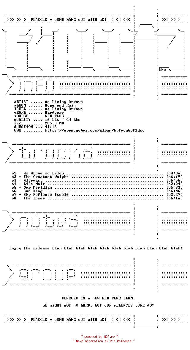 NFO for the release As_Living_Arrows-Hope_and_Ruin-16BIT-WEB-FLAC-2024-FLACCiD by FLACCiD