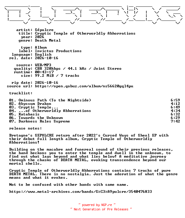 NFO for the release Sepulcre-Cryptic_Temple_of_Otherworldly_Abhorrations-WEB-2026-BLEEDiNG by BLEEDiNG