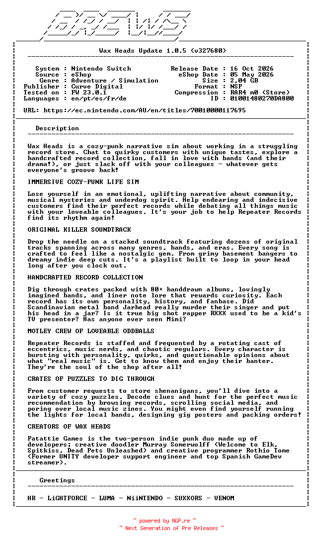 NFO for the release Wax_Heads_Update_v1.0.5_NSW-BREWS by BREWS