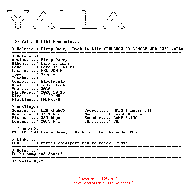 NFO for the release Firty_Darry--Back_To_Life-(PRLLVS015)-SINGLE-WEB-2026-YALLA by YALLA