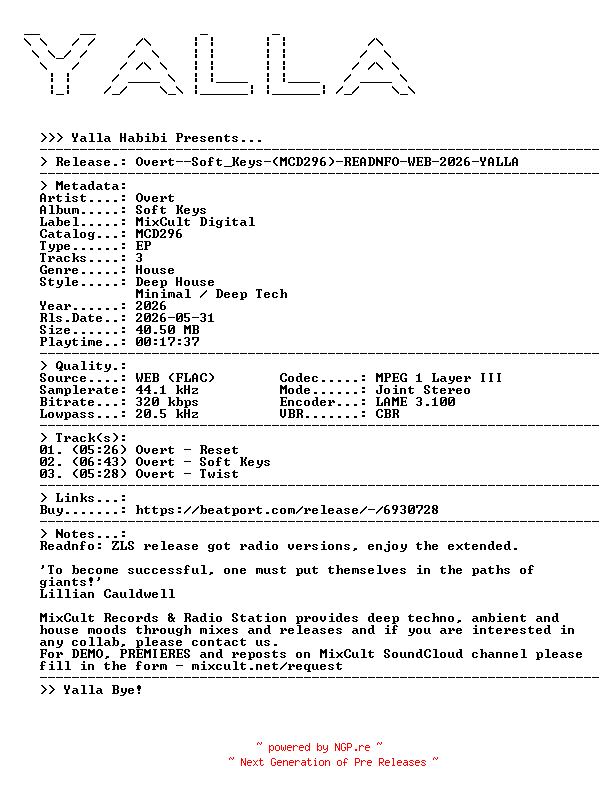 NFO for the release Overt--Soft_Keys-(MCD296)-READNFO-WEB-2026-YALLA by YALLA