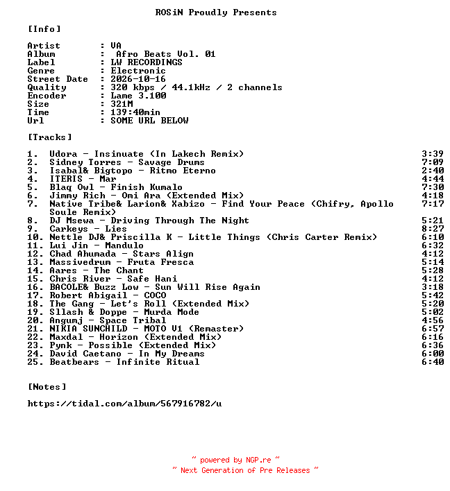 NFO for the release VA-Afro_Beats_Vol._01-WEB-2026-ROSiN by ROSiN