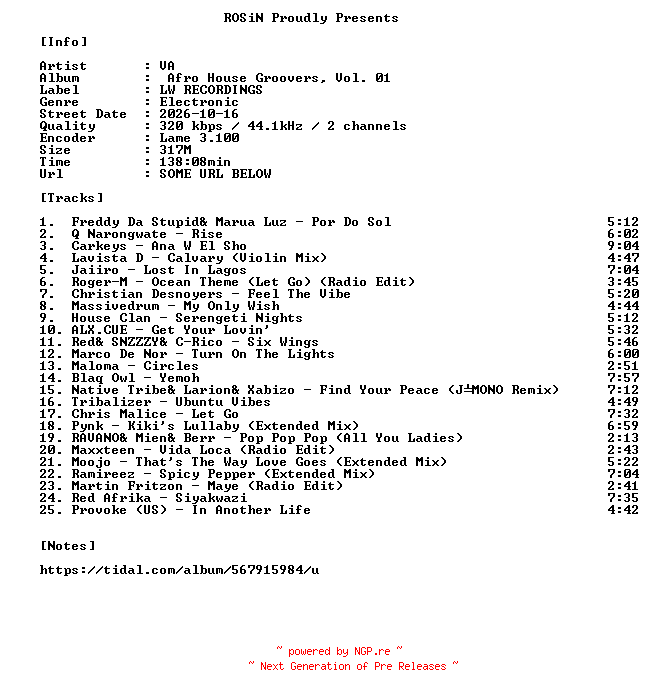 NFO for the release VA-Afro_House_Groovers_Vol._01-WEB-2026-ROSiN by ROSiN