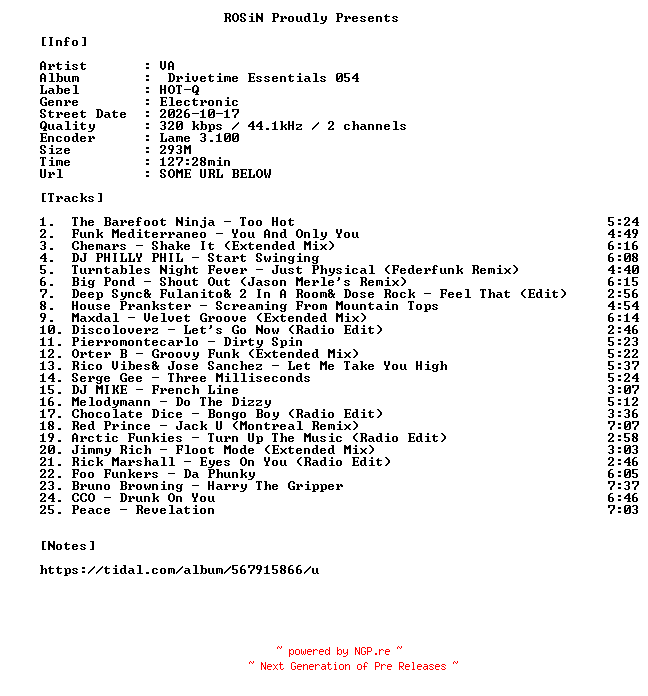 NFO for the release VA-Drivetime_Essentials_054-WEB-2026-ROSiN by ROSiN