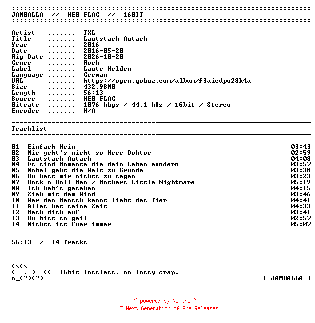 NFO for the release TXL-Lautstark_Autark-DE-16BIT-WEB-FLAC-2016-JAMBALLA by JAMBALLA