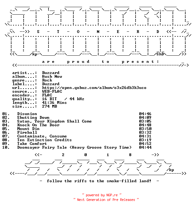 NFO for the release Buzzard-Hush_Now-16BIT-WEB-FLAC-2026-STONERD by STONERD