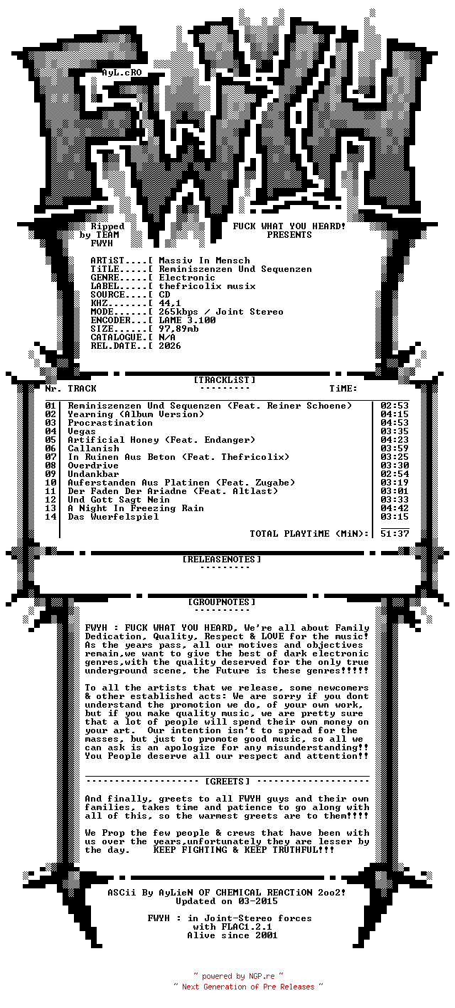 NFO for the release Massiv_In_Mensch-Reminiszenzen_Und_Sequenzen-DE-CD-2026-FWYH by FWYH