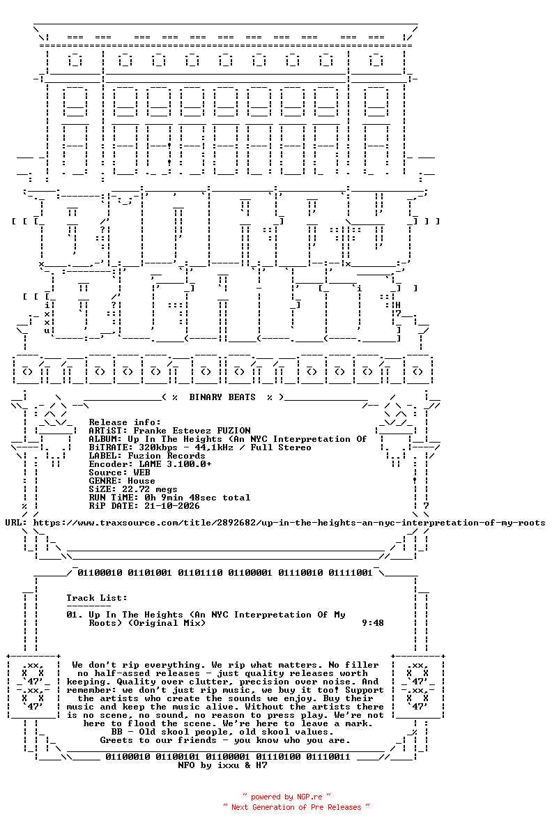 NFO for the release Franke_Estevez_FUZION-Up_In_The_Heights_(An_NYC_Interpretation_Of_My_Roots)-(FUZ078)-SINGLE-WEB-2026-BB by BB