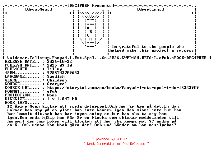 NFO for the release Valdemar.Tellerup.Fangad.I.Ett.Spel.1.On.2026.SWEDiSH.RETAiL.ePub.eBOOK-DECiPHER by DECiPHER